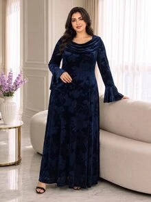 Modelyn Plus Size Women's Cowl Neck Floral Print Casual Party Dress - Navy Blue - View 7