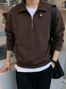 DAZY 男士純色 Polo 領可調節鈕扣設計套頭運動衫，秋冬季四分之一拉鍊男款 - 棕色 - 查看 6