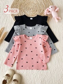 SHEIN Vintaside Kids 3件組女嬰荷葉邊羅紋長袖上衣 可愛愛心印花素色打底衫 舒適嬰兒上衣 秋冬日常穿著 - 彩色 - 查看 3