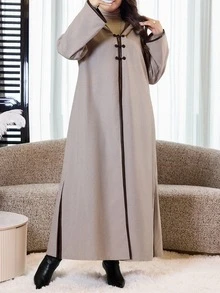Al Najma Plus Size Women's Colorblock Casual Party Arabic Hooded Abaya - Khaki - View 5