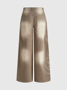 ROMWE Street Life Vintage Washed Street Patchwork Embroidery Distressed Rhinestone Light Jeans - Brown - View 3