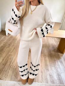 Mulvari Women's Loose Heart Jacquard Knit Sweater 2 Pieces Set, Autumn/Winter Casual Going Out - Apricot - View 5