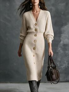 LUMIGAL Women's Colorblock Casual Daily Knit Dress - Apricot - View 5