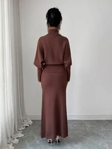 Elenzga Autumn/Winter Ribbed Sweater And Long Skirt 2 Pieces Set - Coffee Brown - View 2