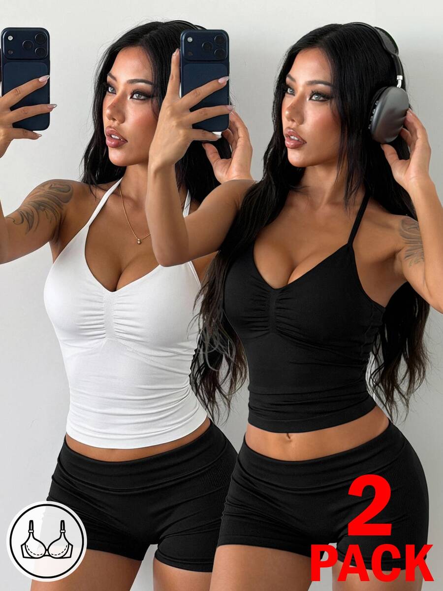 Coolane Women's Fall/Winter Sportswear Athleisure Black And White Sleeveless Padded Sports Bra 2pcs Workout Set, Black, White, Gym