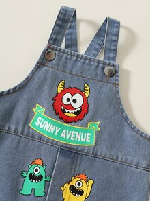 SHEIN Baby Boy Baby Girl Baby Boy Spring Autumn Casual Cute Animal Print Denim Overalls - Blue - View 5