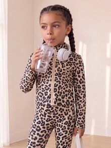 SHEIN Young Girls' Fashion Casual Leopard Print 3 Pieces Set, Fashionable Comfortable High Elasticity, Suitable For Sports, Exercise, Outdoor Activities, Shopping And More - Coffee Brown - View 4