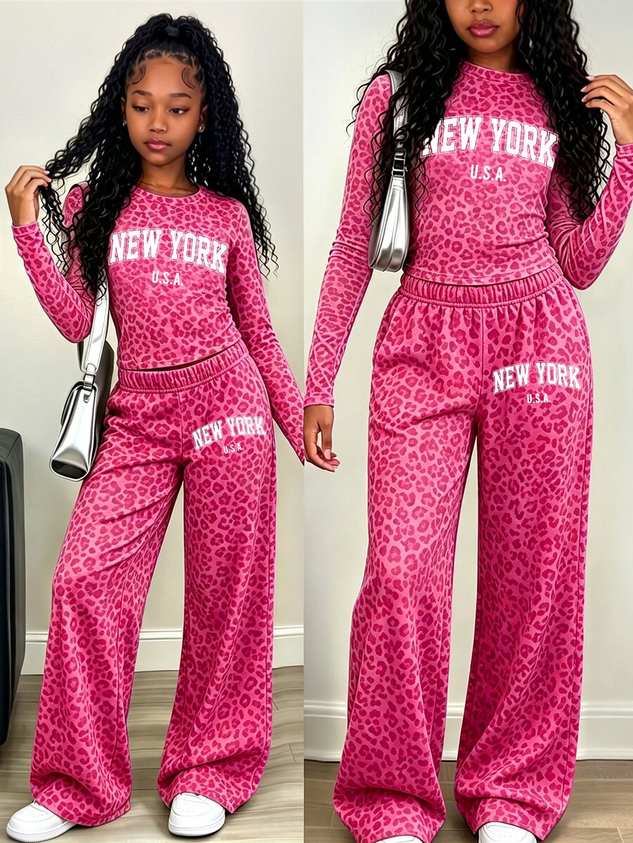 Conjunto de camiseta de manga larga con estampado de leopardo fucsia, letra y cintura fruncida & pantalones de pierna ancha, moda casual de otoño para niñas preadolescentes - Multicolor - Ver 1