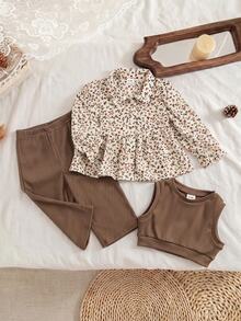 SHEIN Baby Girl 3 Pieces Set Floral Ruffle Long Sleeve Shirt, Elastic Ribbed Thick Vest, Thick Straight Leg Autumn Pants, Versatile For Winter - Brown - View 3