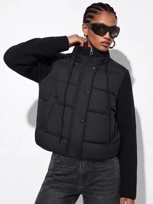 Aveloria GENKIRA Women's Padded Coat Short Straight Knit Patchwork High Neck Drawstring Modern Streetwear Casual Black Quilted Plaid Puffer Jacket Winter Club Everyday - Black - View 5