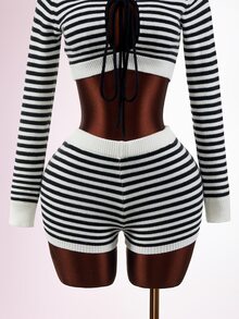Mistrie Women's Tie-Front Cropped Long Sleeve Sweater And Striped Knit Shorts 2 Pieces Set - Multicolor - View 3