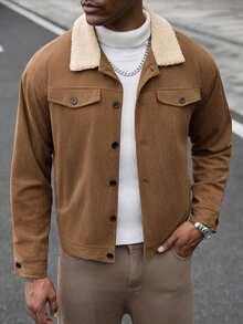 Manfinity CasualCool 男士棕色燈芯絨毛領經典百搭秋冬休閒夾克，適合通勤、商務、居家、戶外及日常穿著 - 棕色 - 查看 1