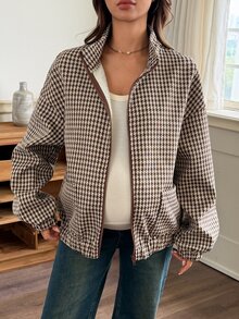 Dazy Maternity Vintage Houndstooth Loose Long Sleeve Zip-Up Casual Streetwear Everyday Spring/Autumn Maternity Regular Jacket - Khaki - View 5