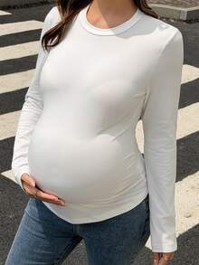 DAZY Solid Color Slim Fit Elastic Daily Versatile Korean Style Spring/Autumn Maternity T-Shirt - White - View 5