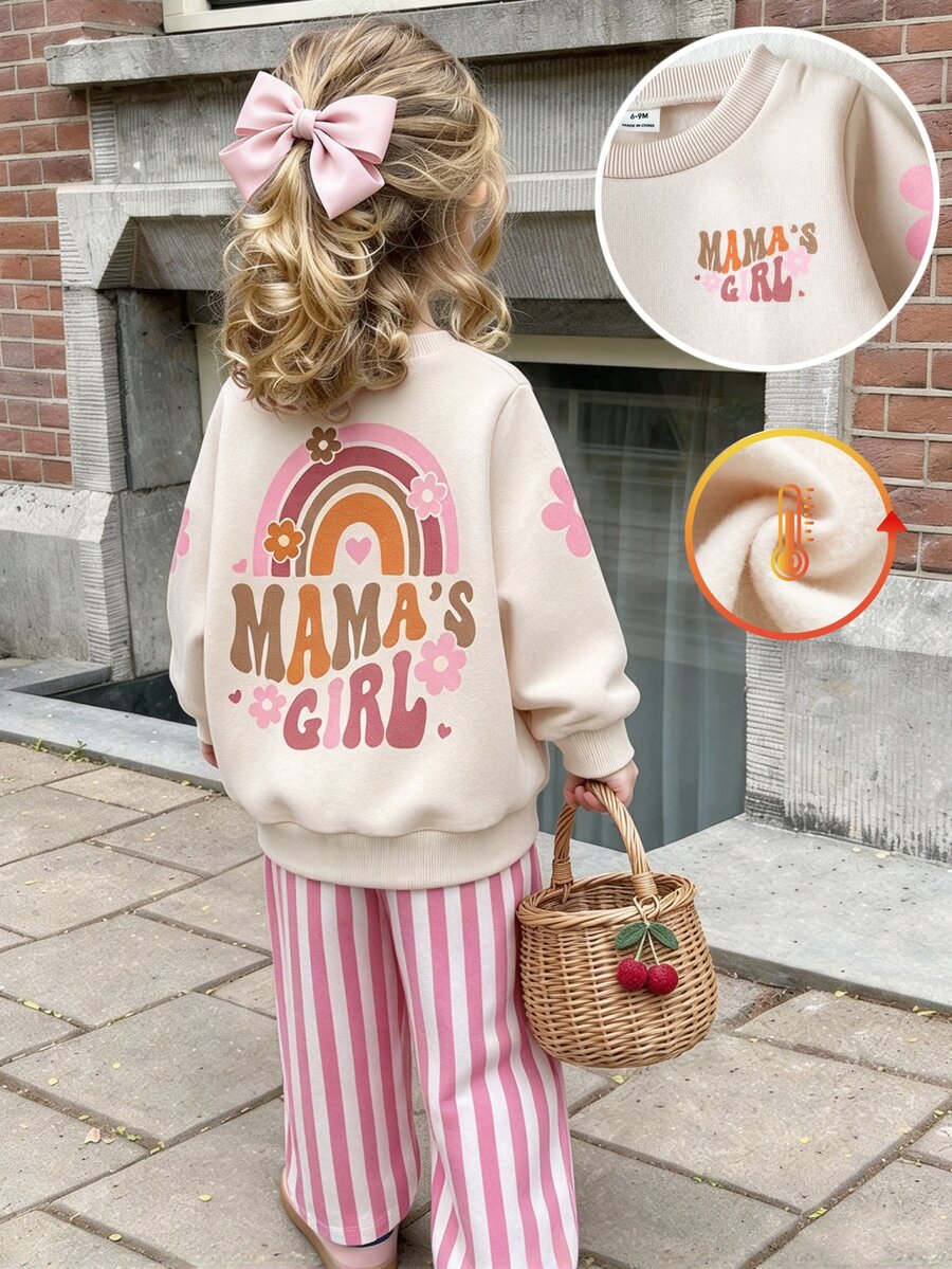 SHEIN 2件組女嬰可愛「MAMA'S GIRL」字母花朵印花套頭上衣搭配粉色條紋長褲休閒套裝 秋冬款 - 粉色 - 查看 1