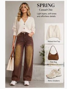 SHEIN Tall 女款直筒寬鬆休閒百搭牛仔褲，附口袋 - 咖啡棕 - 查看 3