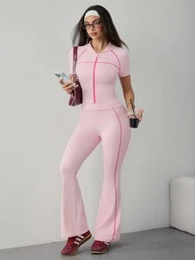 Dewbera Dewbera Women's Fall Sports Sporty Athleisure Set, Long Sleeve Front Color-Block Full Zip Contrast Color Jacket Regular Waist Tight-Fitting Pants Flare Pants - Pink - View 4