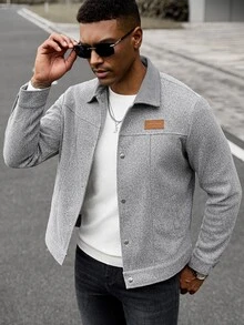Manfinity CasualCool 男士 Ins 熱銷羊毛混紡夾克，燈芯絨領拼接設計，皮革貼布裝飾，成熟灰色羊毛面料，送給爸爸、丈夫、男友的萬聖節、聖誕節、新年禮物 - 淺灰色 - 查看 5