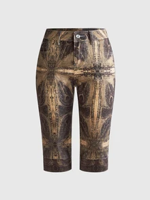 ROMWE Hippie Vintage Leopard & Floral Print Y2K Fitted Denim Mid-Length Pants - Multicolor - View 1
