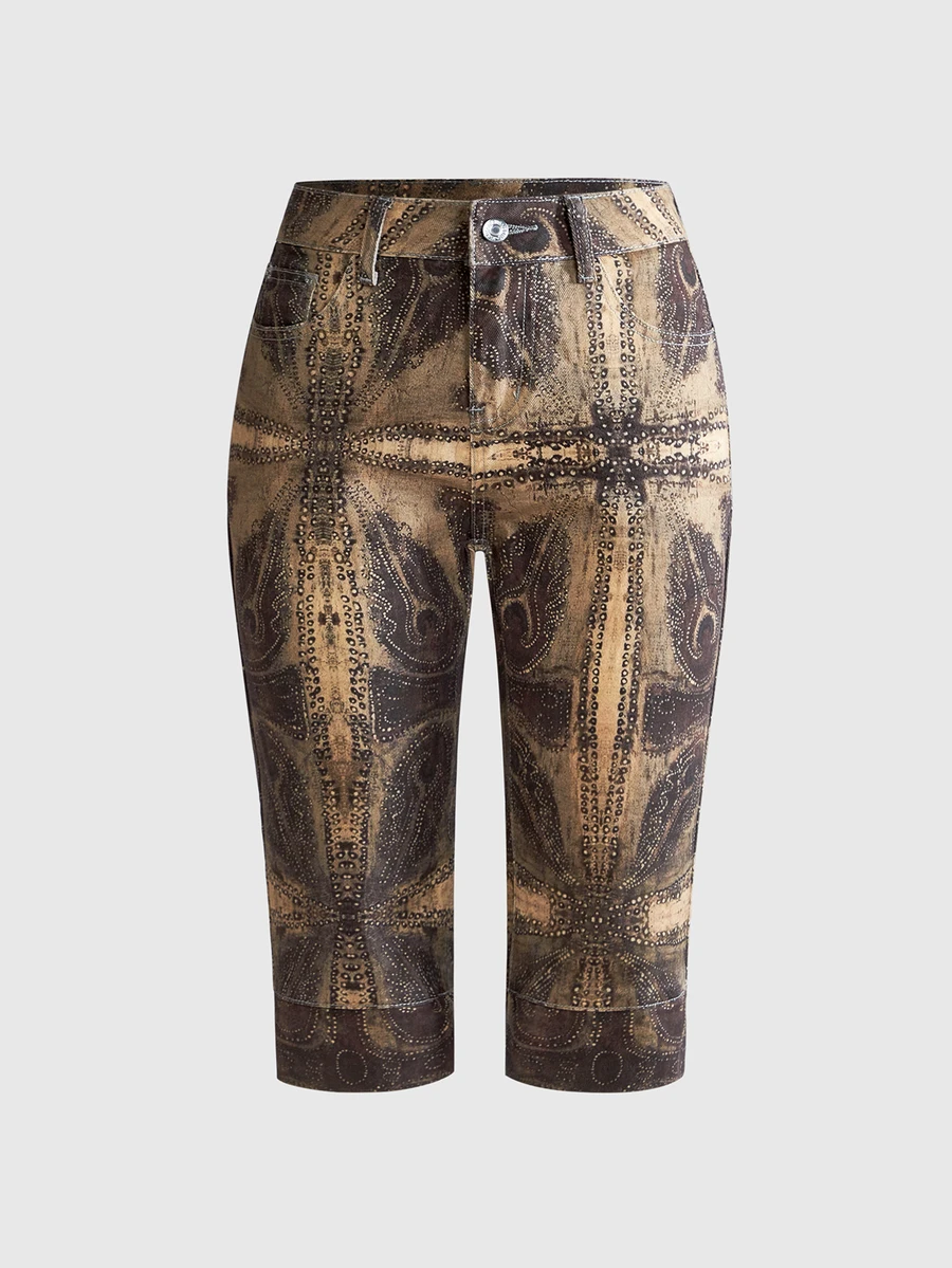ROMWE Hippie Vintage Leopard & Floral Print Y2K Fitted Denim Mid-Length Pants - Multicolor - View 1