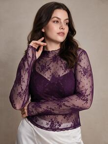 Anewsta Sexy Sheer Lace Long Sleeve Top - Purple - View 5