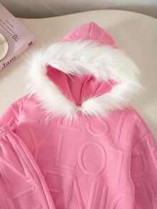 SHEIN 女童小女孩針織純色連帽人造毛飾邊寬鬆休閒衛衣與長褲兩件套 - 粉色 - 查看 3