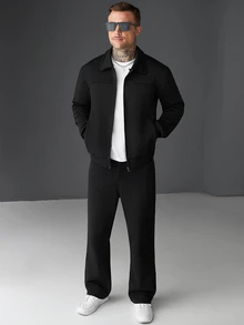 SLATEMANN Men's Solid Color Long Sleeve Jacket And Pants Casual Daily Outfit - Black - View 3