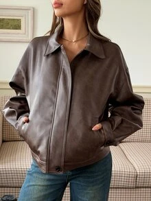 DAZY Solid Color Loose PU Jacket Coat, Vintage Street Style, Autumn/Winter, Maternity Regular Outerwear Leather - Coffee Brown - View 6