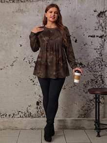 SHEIN LUNE Vintage Tie-Dye Floral Minimalist Casual Plus Size Loose Long Sleeve Shirt, Suitable For Spring And Autumn Fall - Multicolor - View 5