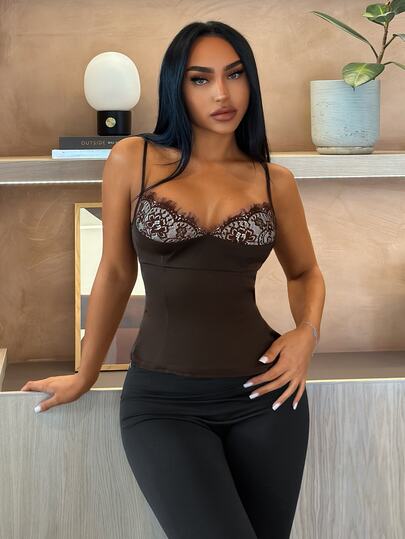 SHEIN SXY Vintage Satin Lace Patchwork Camisole Tank Top, Slim Fit Flattering Innerwear Short Top For Women