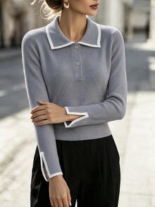 SHEIN 女款拼色休閒日常長袖針織衫 - 灰色 - 查看 5
