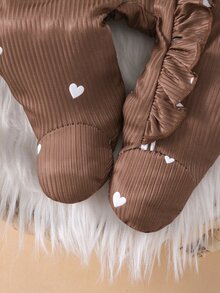 SHEIN Baby Girl 2pcs Ribbed Heart Print Footed Romper With Ruffle & Bow Hat Set, Soft Knit Autumn Daily Wear - Brown - View 5