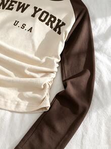 1pc Tween Girl Tween Girl T-Shirt, Fall Tops, Round Neck Long Sleeve Slim Fit T-Shirt With English Letter Graphic - Brown - View 3