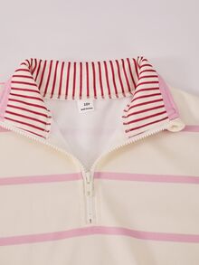 SHEIN Tween Girls Fall Winter Fleece Lined Striped Half Zip Sweatshirt And Solid Color Straight Leg Sweatpants Casual Cozy Knit Two Pieces Tracksuit 2pcs Set - Dusty Pink - View 3