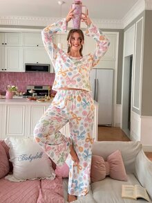 Slumberry CURVE Sweet Cute Colorblock Bow & Floral Print Asymmetric Shoulder Strap Knit Plus Size Pajama Set - Multicolor - View 2