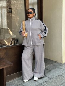 Muchica Plus Size Women's Plaid Side Stripe Zipper Front Jacket And Pants Casual 2 Pieces Set - Multicolor - View 1