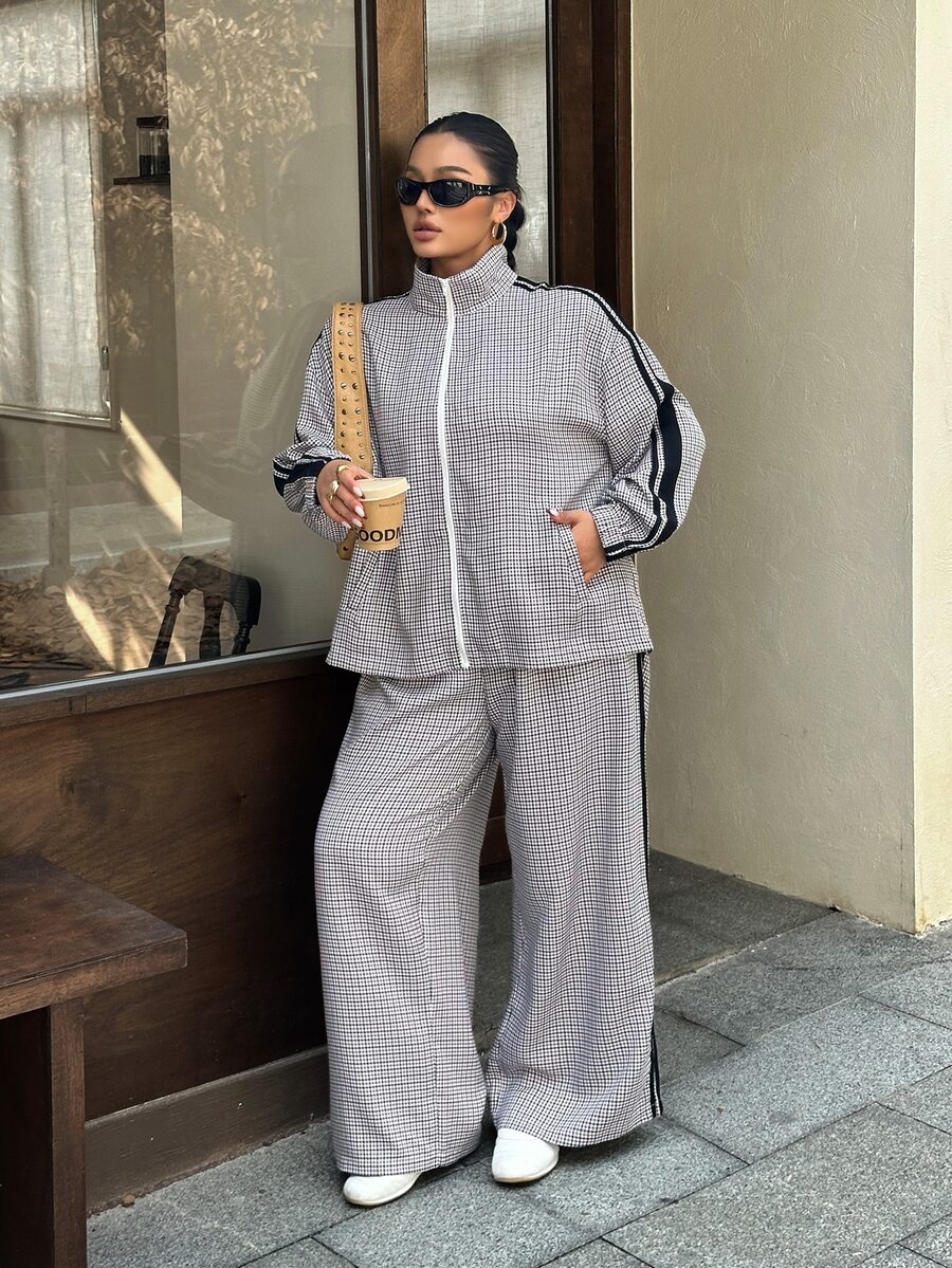 Muchica Plus Size Women's Plaid Side Stripe Zipper Front Jacket And Pants Casual 2 Pieces Set - Multicolor - View 1