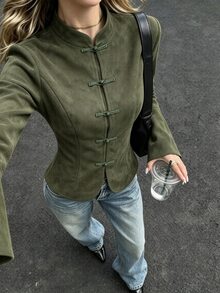 LUMIGAL Women's Solid Color Frog Button Placket Chinese Style Elegant Jacket - Green - View 3