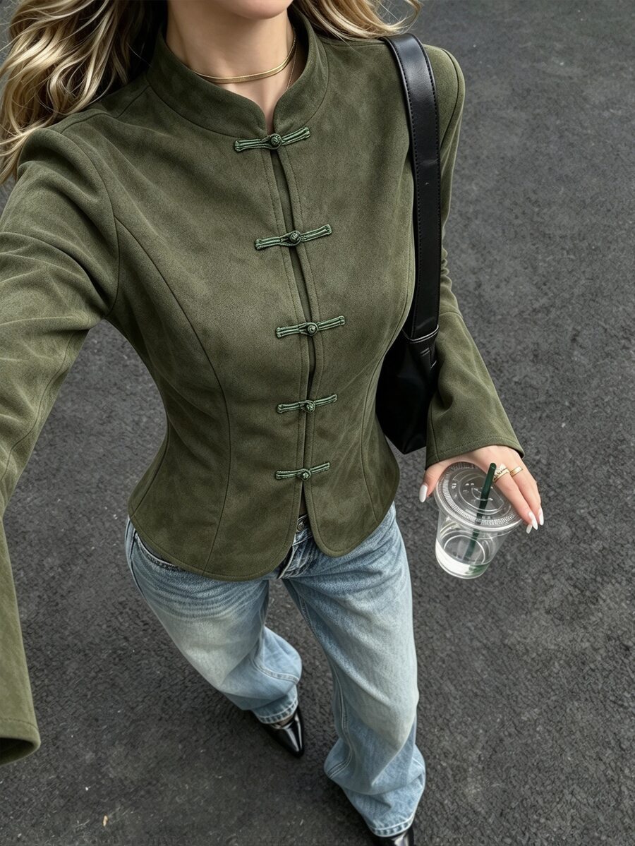 LUMIGAL Chaqueta elegante de estilo chino con botones de rana de unicolor para mujer - Verde - Ver 1