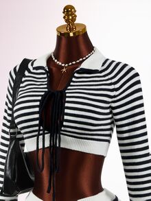 Mistrie Women's Tie-Front Cropped Long Sleeve Sweater And Striped Knit Shorts 2 Pieces Set - Multicolor - View 5
