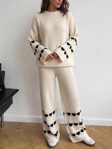 Mulvari Women's Loose Heart Jacquard Knit Sweater 2 Pieces Set, Autumn/Winter Casual Going Out - Apricot - View 3