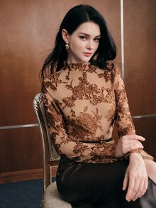 Anewsta Women's Autumn/Winter Elegant Commute High Elastic 3D Floral Burnout Semi-High Neck Fitted Pullover Top - Brown - View 3