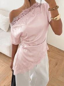 Aloruh 女款通勤外出單肩抓皺蕾絲拼接上衣，夏季棕色優雅性感上衣 - 粉色 - 查看 6