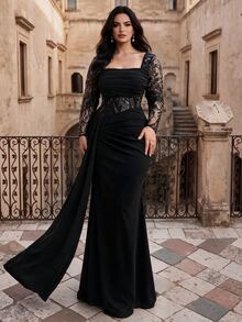 Coutiva Plus Size Elegant Classy Black Fall Formal Dinner Prom Fuchsia Lace Cold Shoulder Ruched Mermaid Maxi Dress Sheer Details New Year - Black - View 4