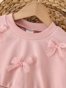 SHEIN Glamorique Kids 女童單件蝴蝶結裝飾圓領長袖網紗下擺洋裝，清新優雅、甜美可愛，適合秋冬穿著 - 粉色 - 查看 6