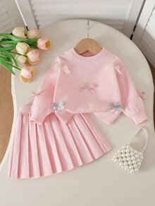 SHEIN (小女孩) 粉色針織套裝，手工歐根紗蝴蝶結，圓領，落肩，長袖套頭毛衣 + 成套百褶裙，優雅溫柔可愛，柔軟舒適，適合日常穿著、旅行與度假 - 粉色 - 查看 3
