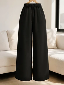 SHEIN PETITE CURVE Plus Size Black & White Color Block Patchwork Wide Leg Pants For Women, Side Button Slit High Waist - Black and White - View 2
