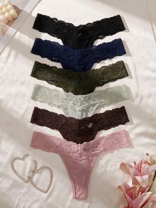 SHEIN 6件裝蕾絲腰帶低腰女款丁字褲 - 彩色 - 查看 6