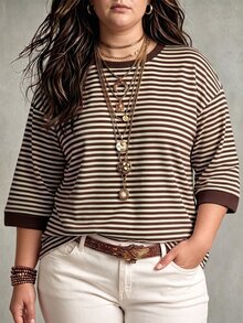 NostaNoir New Fashion Casual Basic Round Neck Contrast Collar And Cuffs Apricot Base With Coffee Striped Print Drop Shoulder Mid-Sleeve Plus Size T-Shirt - Multicolor - View 1