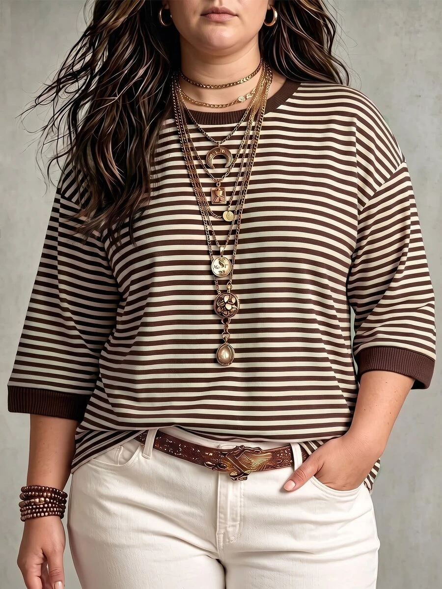 NostaNoir New Fashion Casual Basic Round Neck Contrast Collar And Cuffs Apricot Base With Coffee Striped Print Drop Shoulder Mid-Sleeve Plus Size T-Shirt - Multicolor - View 1
